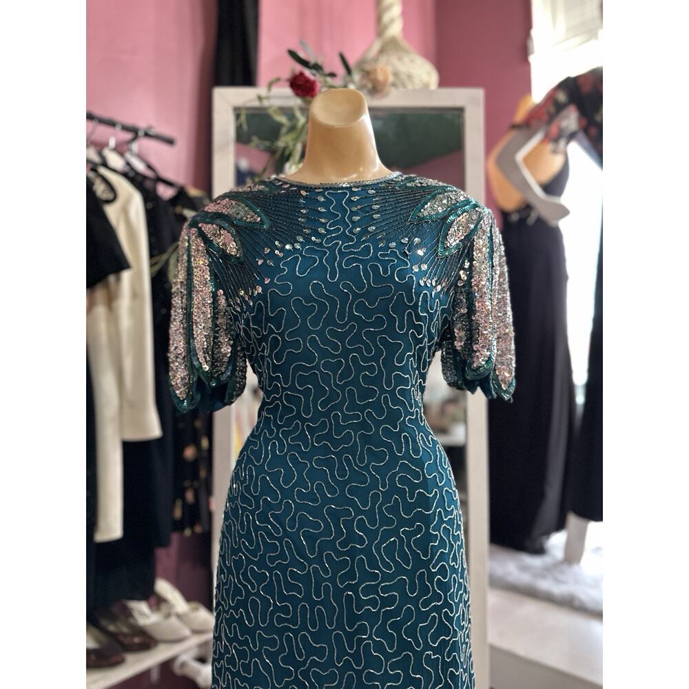 Vintage 80s Beaded Mini Dress Green Silver Open Back Cocktail Evening S/M - Picture 3 of 9